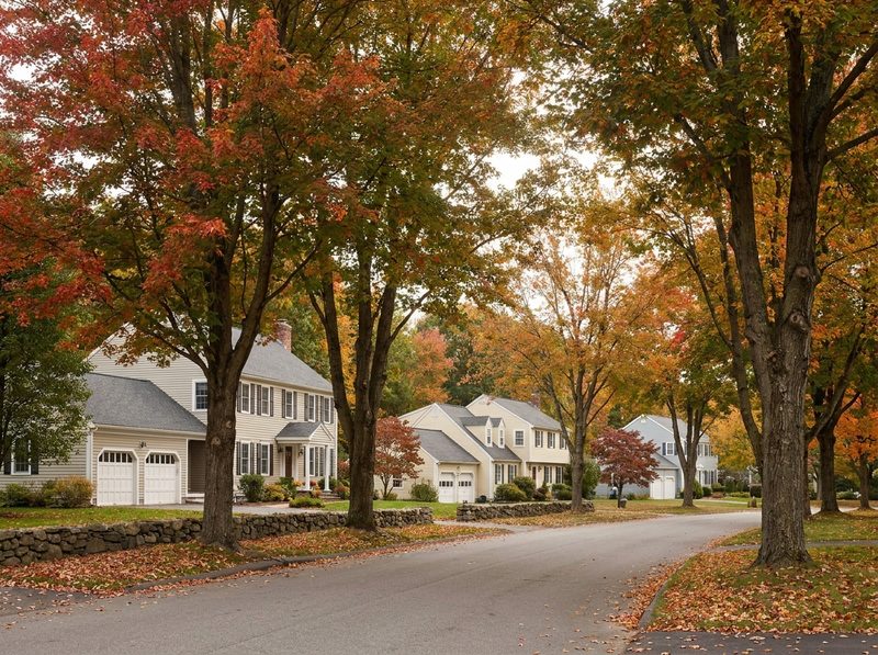 A residential street of colonial homes in a New England town in early autumn