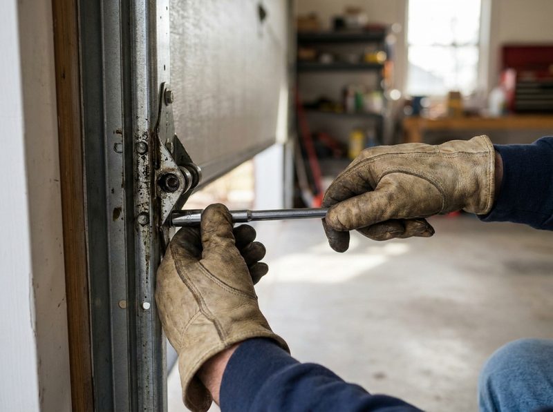 Gloved hands adjusting a hinge and roller bracket on a garage door track
